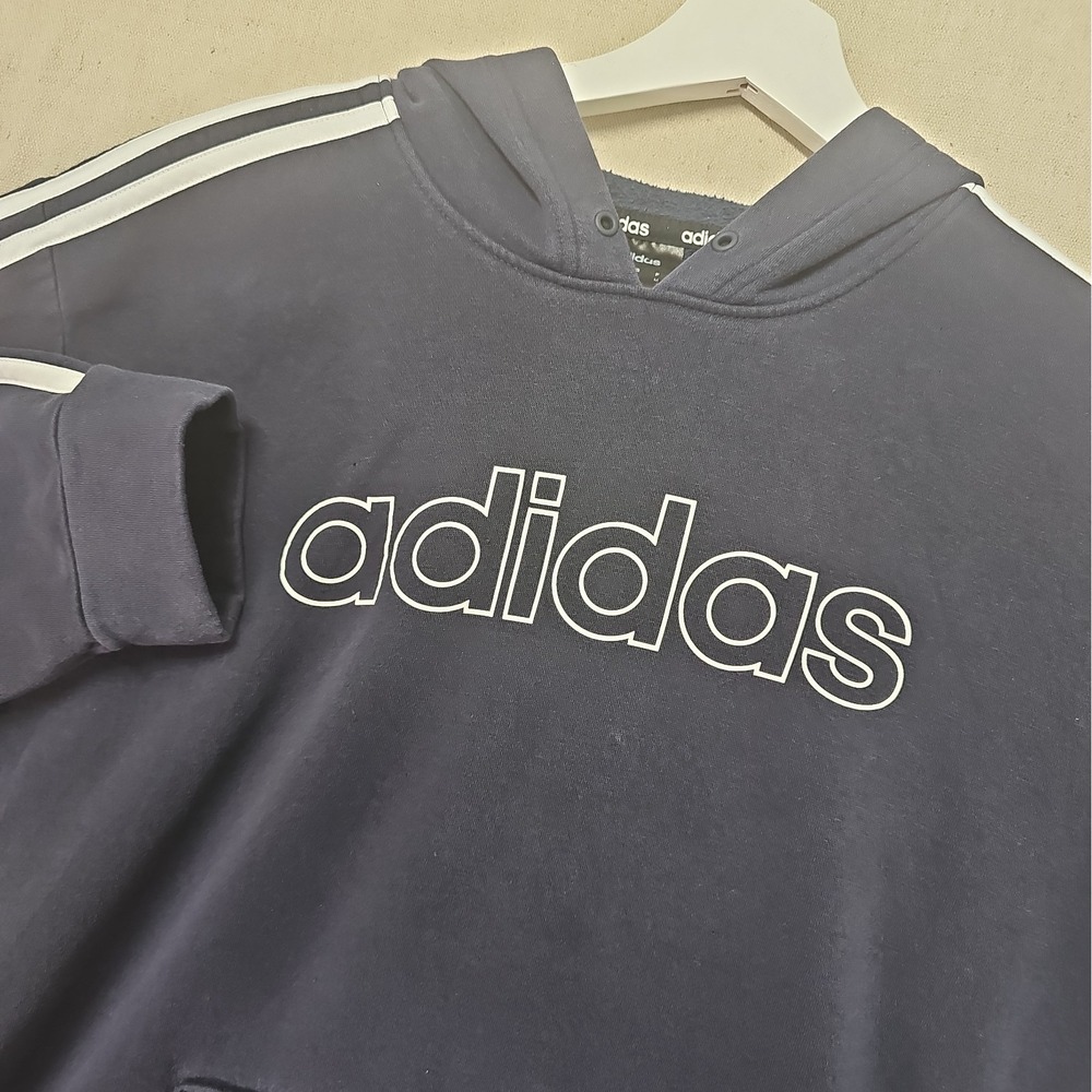 Adidas 3-Stripes Blue Pullover Hoodie Men's Medium Cotton Fleece Pockets FM5749